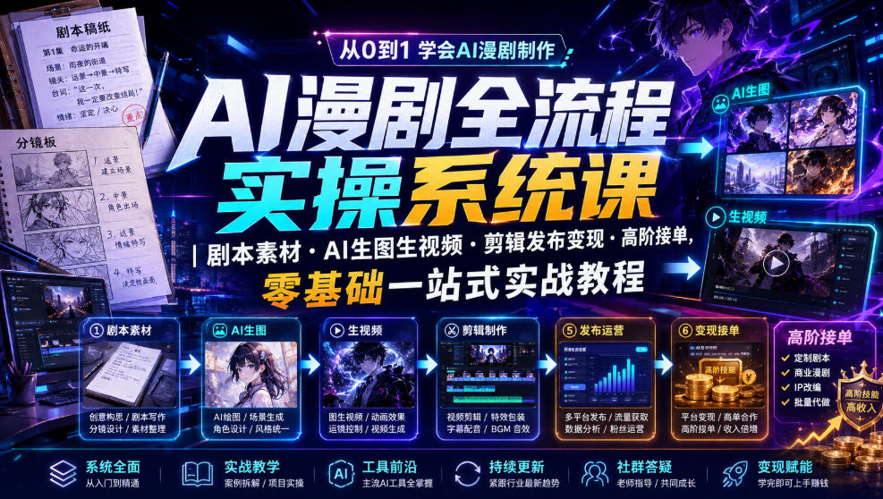 AI漫剧全流程实操系统课｜剧本素材・AI生图生视频・剪辑发布变现・高阶接单，零基础一站式实战教程-沧海聊项目