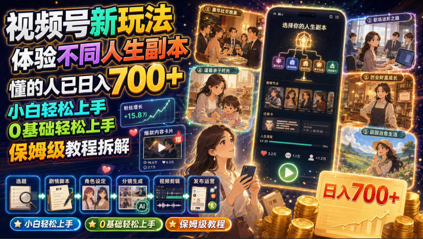 视频号新玩法体验不同人生副本，懂的人已日入700+，小白轻松上手，0基础轻松上手，保姆级教程拆解-沧海聊项目