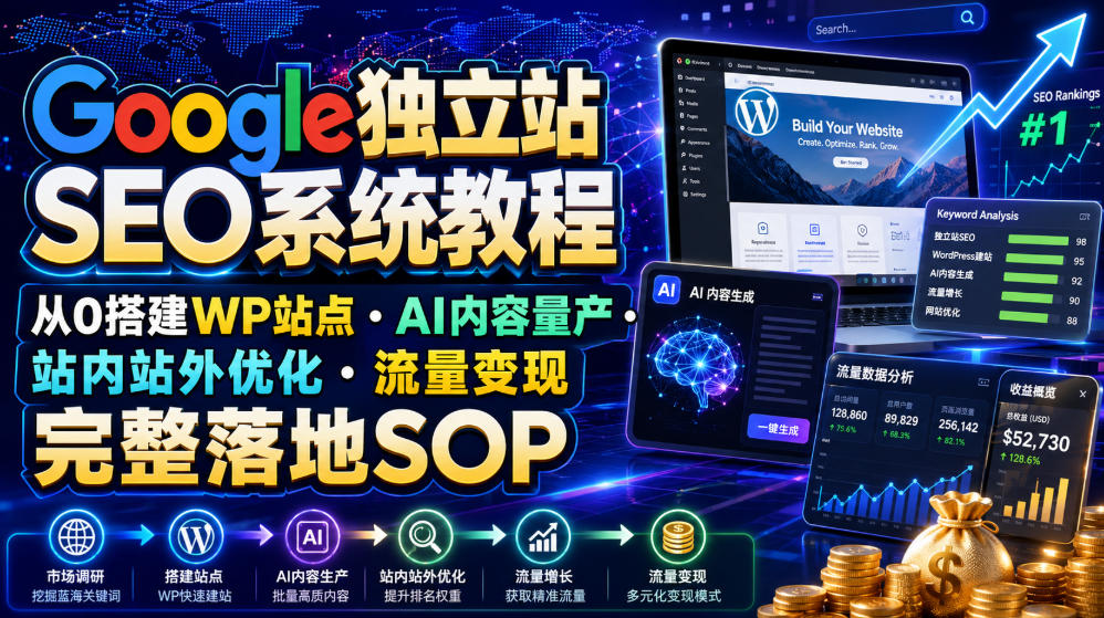 Google独立站SEO系统教程，从0搭建WP站点・AI内容量产・站内站外优化・流量变现完整落地SOP(2026年7月)-沧海聊项目