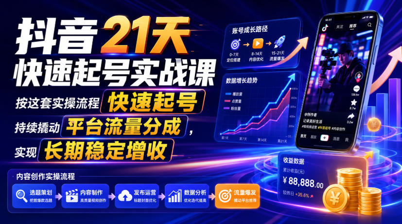 抖音21天快速起号实战课，按这套实操流程快速起号，持续撬动平台流量分成，实现长期稳定增收-沧海聊项目