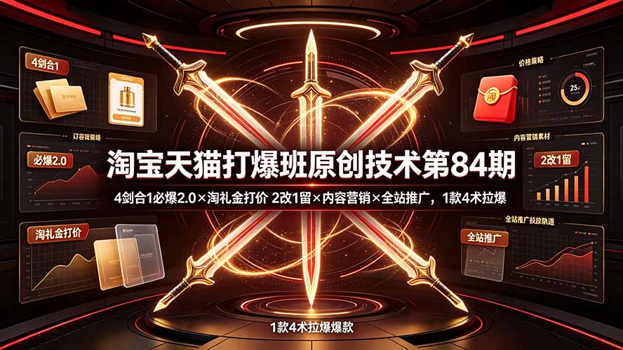 淘宝天猫打爆班原创技术第84期：4剑合1必爆2.0×淘礼金打价×2改1留×内容营销×全站推广，1款4术拉爆-沧海聊项目