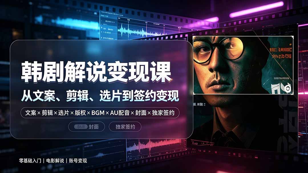 抖音270W粉丝博主亲授韩剧解说课：文案×剪辑×选片×版权×BGM×AU配音×封面×独家签约，零基础到变现-沧海聊项目
