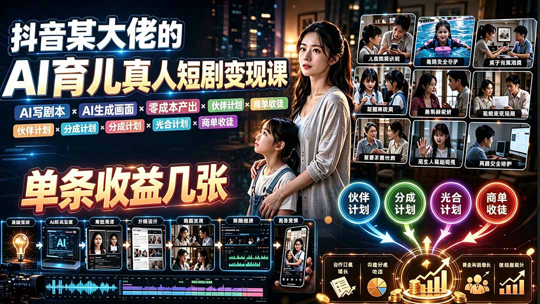 AI育儿真人短剧变现课：AI写剧本×AI生成画面×零成本产出×伙伴计划×分成计划×光合计划×商单收徒-沧海聊项目