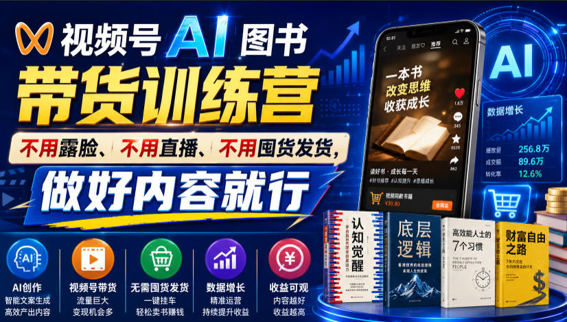 视频号AI图书带货训练营，不用露脸、不用直播、不用囤货发货，做好内容就行，一条爆款视频佣金8942-沧海聊项目