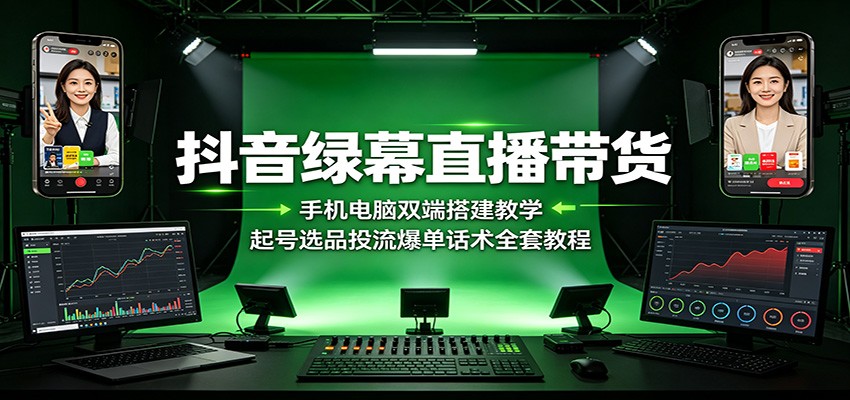 抖音绿幕直播带货：手机电脑双端搭建教学，起号选品投流爆单话术全套教程-沧海聊项目