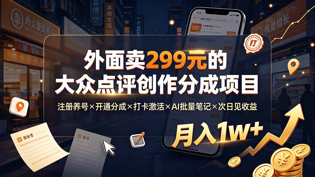 外面卖299元的大众点评创作分成项目：注册养号×开通分成×打卡激活×AI批量笔记×次日见收益，月入1w+-沧海聊项目