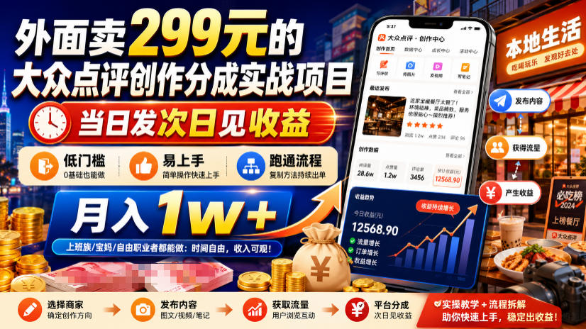 外面卖299元的大众点评创作分成实战项目，当日发次日见收益，低门槛易上手，跑通流程月入1w+-沧海聊项目