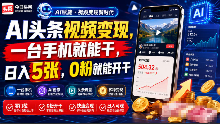 AI头条视频变现，一台手机就能干，日入5张，0粉就能开干-沧海聊项目