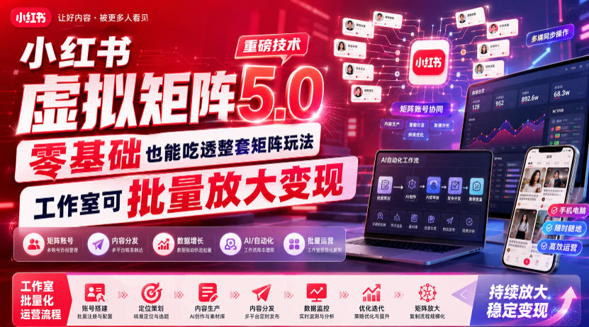 小红书虚拟矩阵5.0重磅技术，零基础也能吃透整套矩阵玩法，工作室可批量放大变现-沧海聊项目