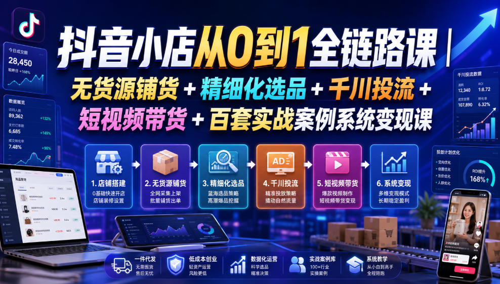 抖音小店从0到1全链路课｜无货源铺货+精细化选品+千川投流+短视频带货+百套实战案例系统变现课(2026年7月更新)-沧海聊项目