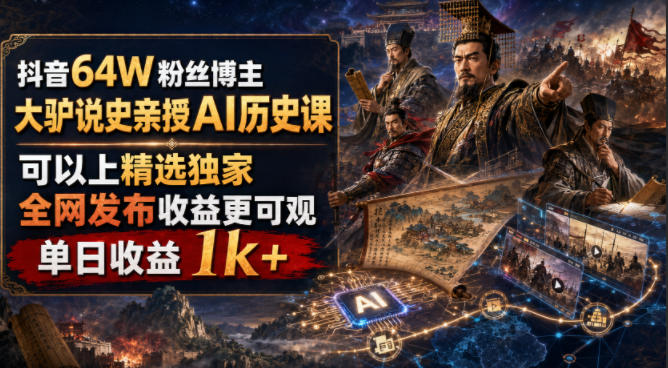 抖音64W粉丝博主大驴说史亲授AI历史课，可以上精选独家，全网发布收益更可观，单日收益1k+-沧海聊项目