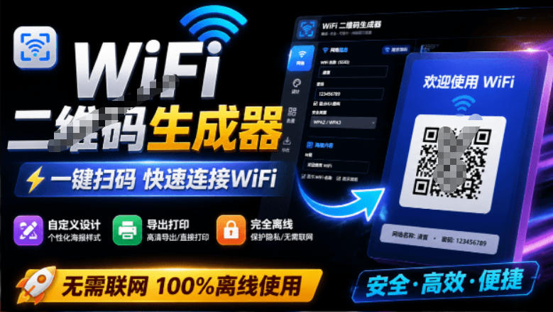 完全离线使用！WiFi二维码生成器，一键扫码快速连接WiFi，支持自定义风格导出WiFi二维码生成器-沧海聊项目