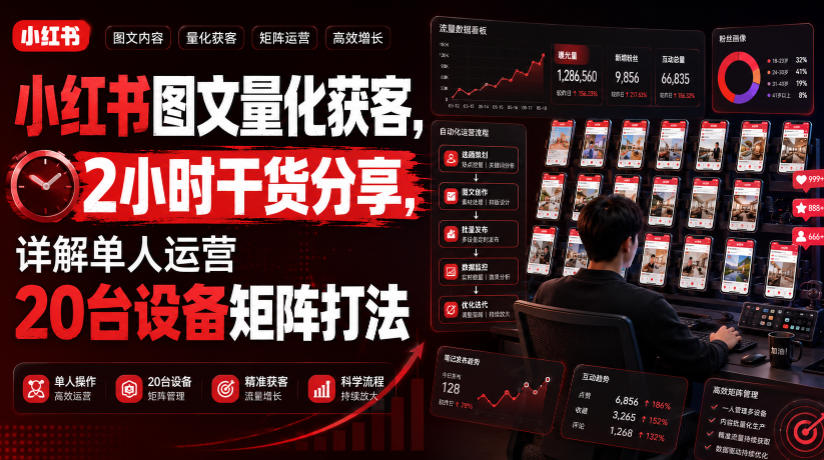 小红书图文量化获客，2小时干货分享，详解单人运营20台设备矩阵打法-沧海聊项目