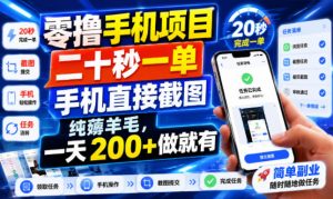 零撸手机项目，二十秒一单，手机直接截图，纯薅羊毛，一天200+做就有【揭秘】-沧海聊项目