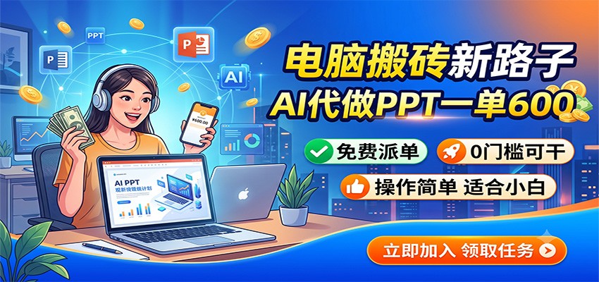 电脑搬砖新路子：AI代做PPT一单600，免费派单，0门槛可干-沧海聊项目