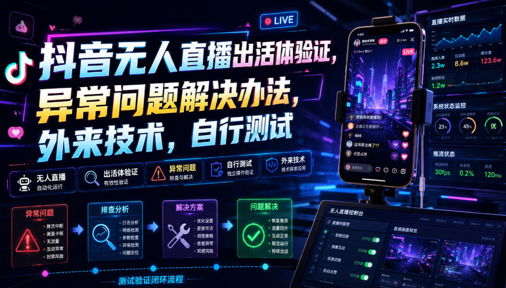抖音无人直播出活体验证，异常问题解决办法，外来技术，自行测试-沧海聊项目