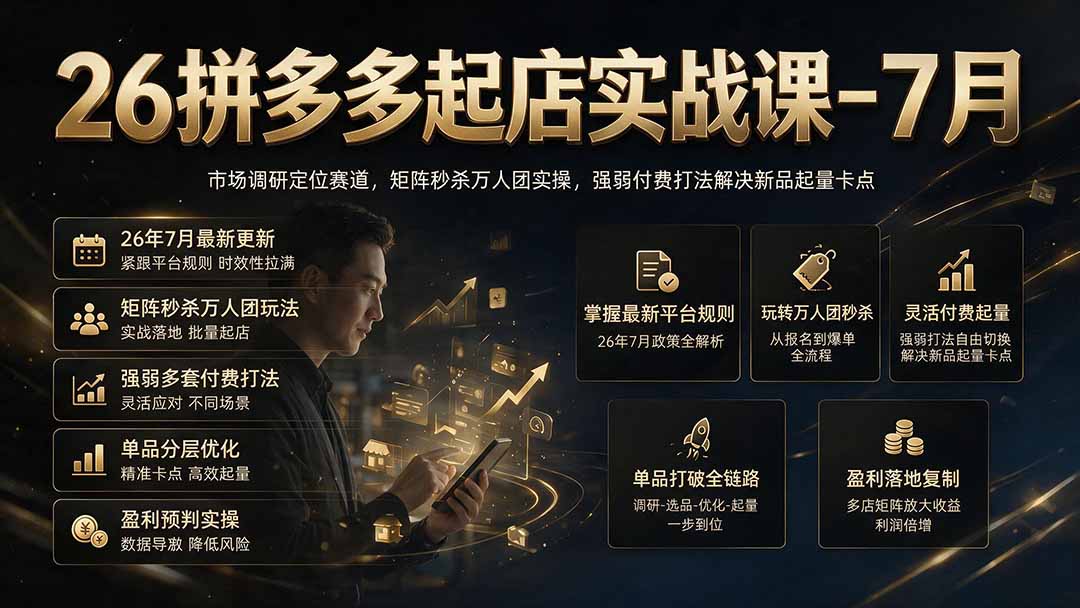 26拼多多起店实战课-7月｜市场调研定位赛道，矩阵秒杀万人团实操，强弱付费打法解决新品起量卡点-沧海聊项目