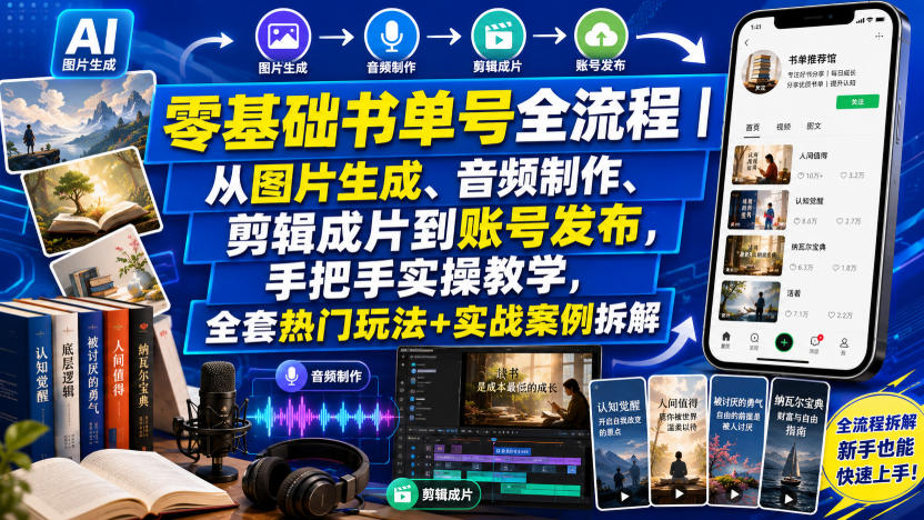 零基础书单号全流程｜从图片生成、音频制作、剪辑成片到账号发布，手把手实操教学，全套热门玩法+实战案例拆解-沧海聊项目