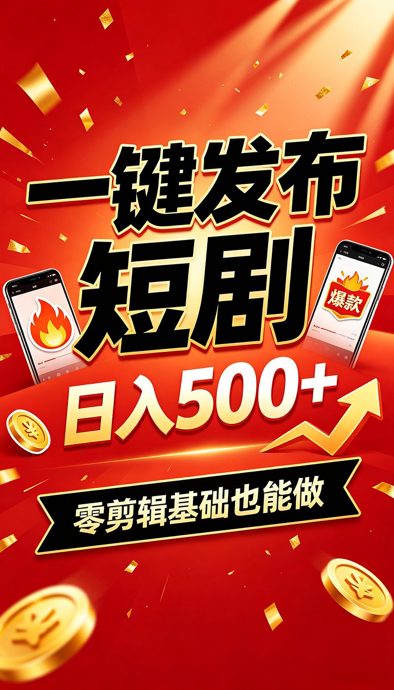快手短剧一键发布，不用剪辑操作简单，副业日入500+。空闲时间轻松赚收益-沧海聊项目