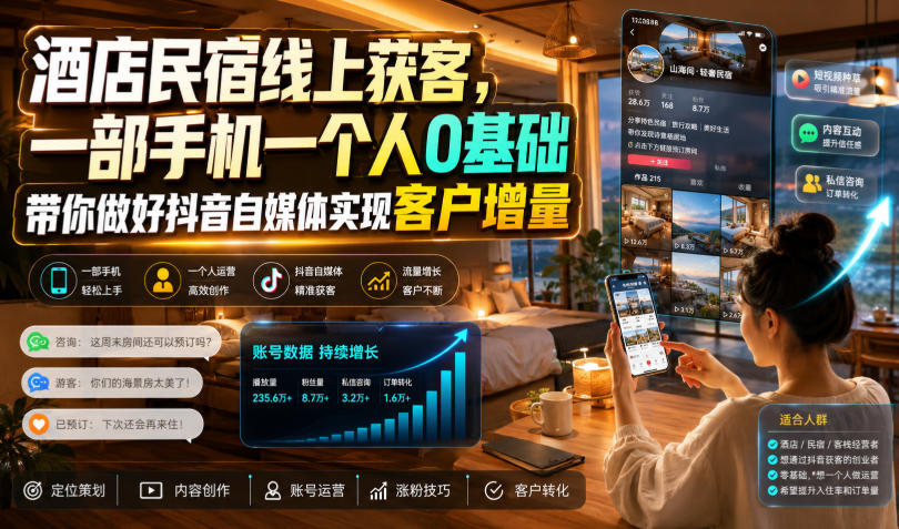 酒店民宿线上获客，一部手机一个人0基础带你做好抖音自媒体实现客户增量-沧海聊项目