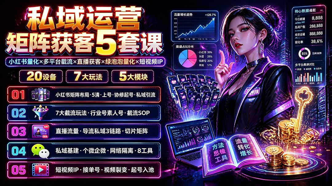 私域运营矩阵获客5套课：小红书量化×多平台截流×直播获客×绿泡泡量化×短视频IP×20设备×7大玩法-沧海聊项目