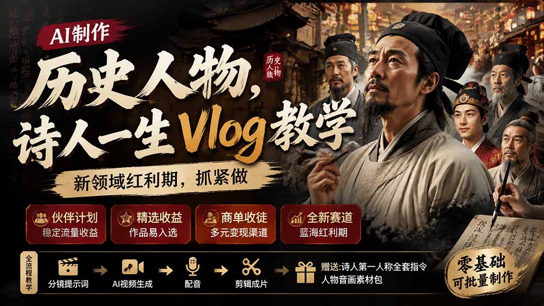 历史人物，诗人一生Vlog教学， AI制作丨伙伴计划丨精选收益丨商单收徒 ，新领域红利期，抓紧做-沧海聊项目
