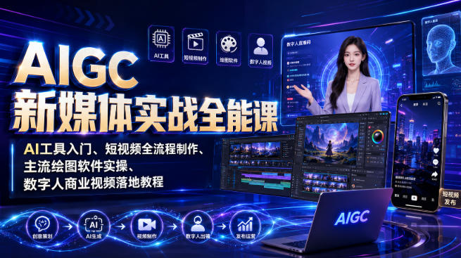 AIGC新媒体实战全能课｜AI工具入门、短视频全流程制作、主流绘图软件实操、数字人商业视频落地教程-沧海聊项目