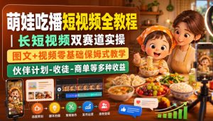 萌娃吃播短视频全教程｜长短视频双赛道实操，图文+视频零基础保姆式教学，伙伴计划-收徒-商单等多种变现方式-沧海聊项目