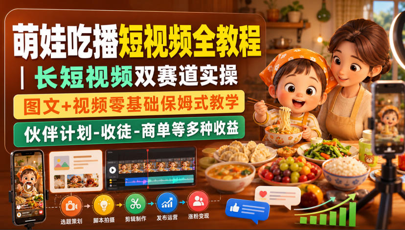 萌娃吃播短视频全教程｜长短视频双赛道实操，图文+视频零基础保姆式教学，伙伴计划-收徒-商单等多种变现方式-沧海聊项目
