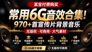 某宝付费购买，常用6G音效合集！970+首宣传片背景音乐，无版权可商用大气素材，分类清晰，高质量内容-沧海聊项目