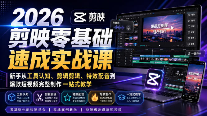 2026剪映零基础速成实战课｜新手从工具认知、剪辑剪辑、特效配音到爆款短视频完整制作一站式教学-沧海聊项目