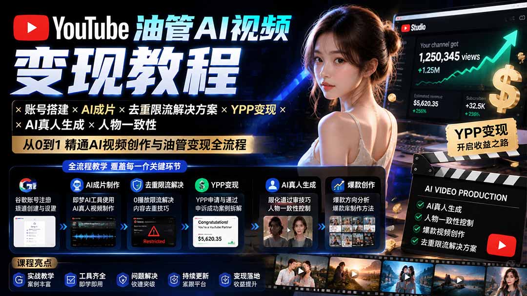 YouTube油管AI视频变现教程-更新：账号搭建×AI成片×去重限流解决方案×YPP变现×AI真人生成×人物一致性-沧海聊项目