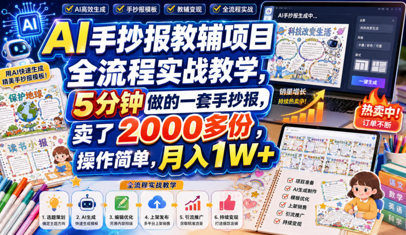 AI手抄报教辅项目全流程实战教学，5分钟做的一套手抄报，卖了2000多份，操作简单，月入1W+-沧海聊项目