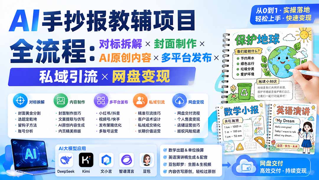 AI手抄报教辅项目全流程：对标拆解×封面制作×AI原创内容×多平台发布×私域引流×网盘变现-沧海聊项目
