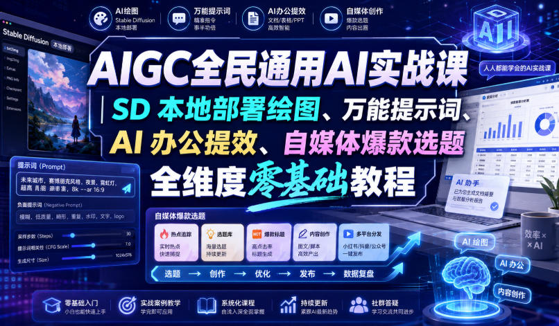 AIGC全民通用AI实战课｜SD本地部署绘图、万能提示词、AI办公提效、自媒体爆款选题全维度零基础教程-沧海聊项目