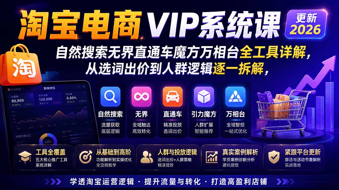 淘宝电商VIP系统课-更新8月；自然搜索无界直通车魔方万相台全工具详解，从选词出价到人群逻辑逐一拆解-沧海聊项目
