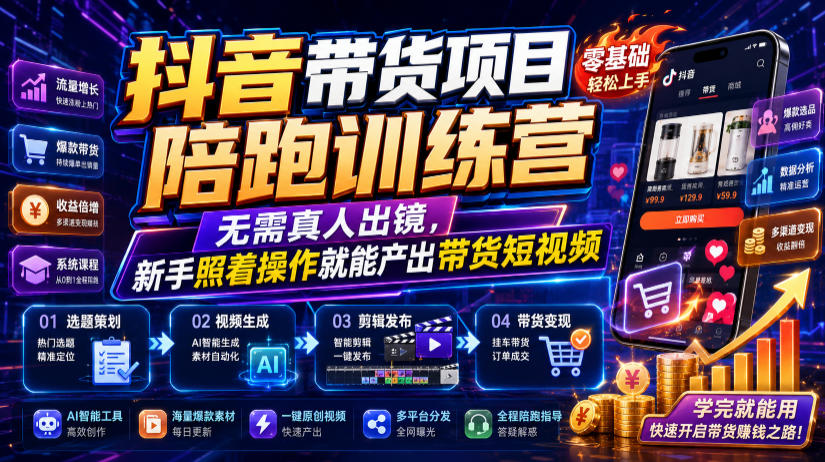 抖音带货项目陪跑训练营，无需真人出镜，新手照着操作就能产出带货短视频(更新0811)-沧海聊项目