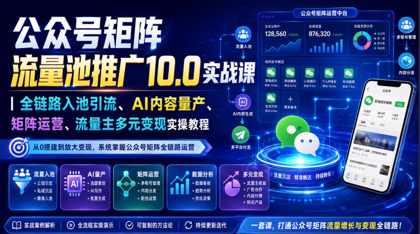 公众号矩阵流量池推广10.0实战课｜全链路入池引流、AI内容量产、矩阵运营、流量主多元变现实操教程-沧海聊项目