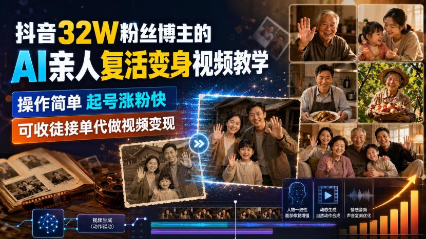 抖音32W粉丝博主的AI亲人复活变身视频教学，操作简单，起号涨粉快，可收徒接单代做视频变现-沧海聊项目
