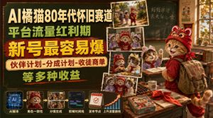 AI橘猫80年代怀旧赛道，平台流量红利期，新号最容易爆，伙伴计划-分成计划-收徒商单等多种收益-沧海聊项目