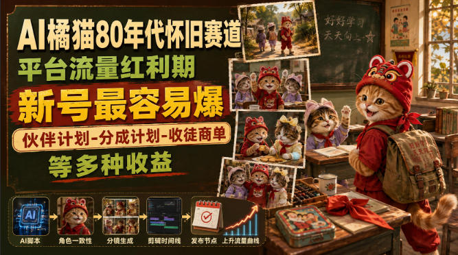 AI橘猫80年代怀旧赛道，平台流量红利期，新号最容易爆，伙伴计划-分成计划-收徒商单等多种收益-沧海聊项目