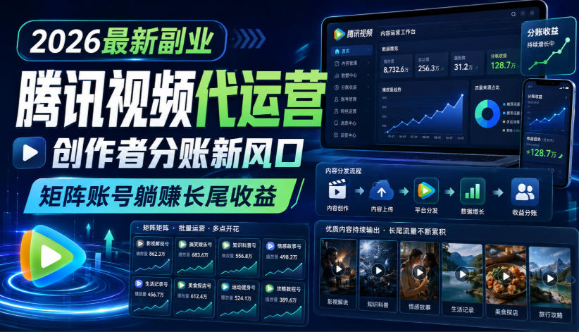 2026最新副业之腾讯视频代运营：创作者分账新风口，矩阵账号躺賺长尾收益【揭秘】-沧海聊项目
