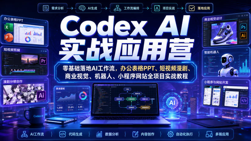 Codex AI实战应用营｜零基础落地AI工作流，办公表格PPT、短视频漫剧、商业视觉、机器人、小程序网站全项目实战教程-沧海聊项目