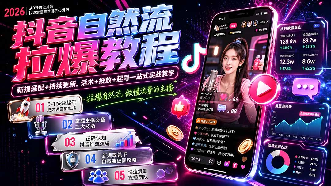 抖音自然流拉爆教程-更新8月：做懂流量的主播，新规适配+持续更新，话术+投放+起号一站式实战教学-沧海聊项目