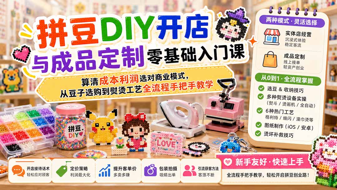 拼豆DIY开店与成品定制零基础入门课；算清成本利润选对商业模式，从豆子选购到熨烫工艺全流程手把手教学-沧海聊项目