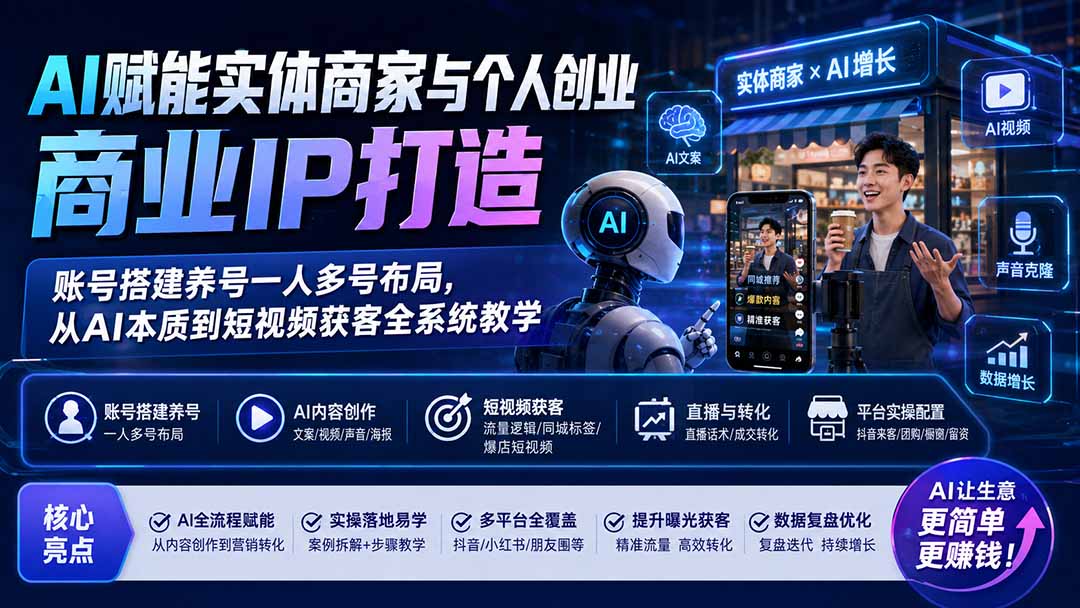 AI赋能实体商家与个人创业商业IP打造；账号搭建养号一人多号布局，从AI本质到短视频获客全系统教学-沧海聊项目