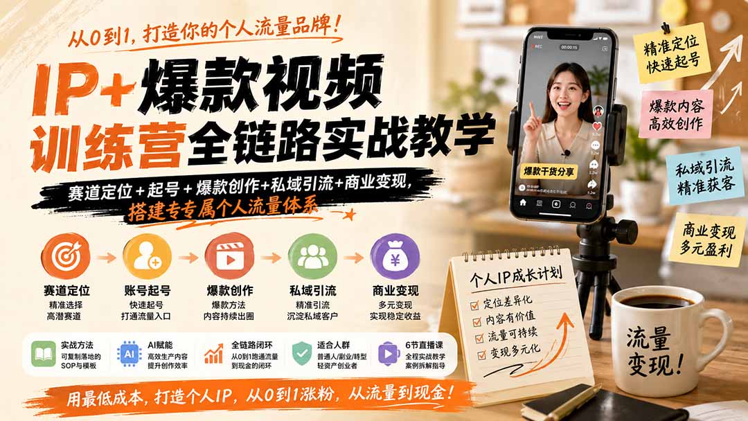 IP+爆款视频训练营全链路实战教学；赛道定位+起号+爆款创作+私域引流+商业变现，搭建专属个人流量体系-沧海聊项目