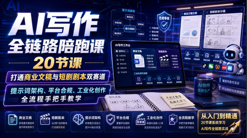 AI写作全链路陪跑课｜20节课打通商业文稿与短剧剧本双赛道，提示词架构、平台合规、工业化创作全流程手把手教学-沧海聊项目