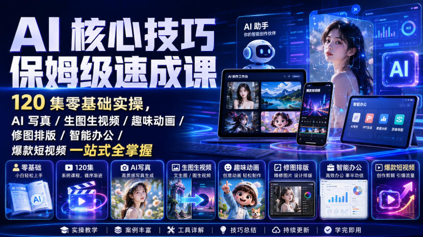AI核心技巧保姆级速成课｜120集零基础实操，AI写真/生图生视频/趣味动画/修图排版/智能办公/爆款短视频一站式全掌握-沧海聊项目
