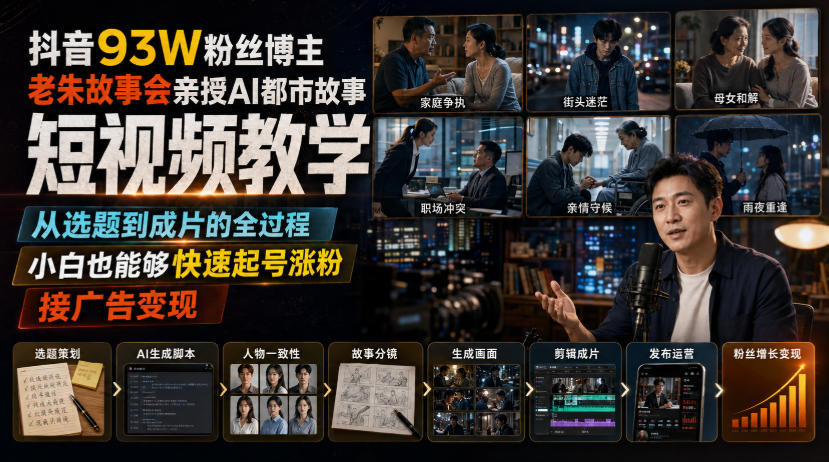 抖音93W粉丝博主老朱故事会亲授AI都市故事短视频教学，从选题到成片的全过程，小白也能够快速起号涨粉接广告变现-沧海聊项目